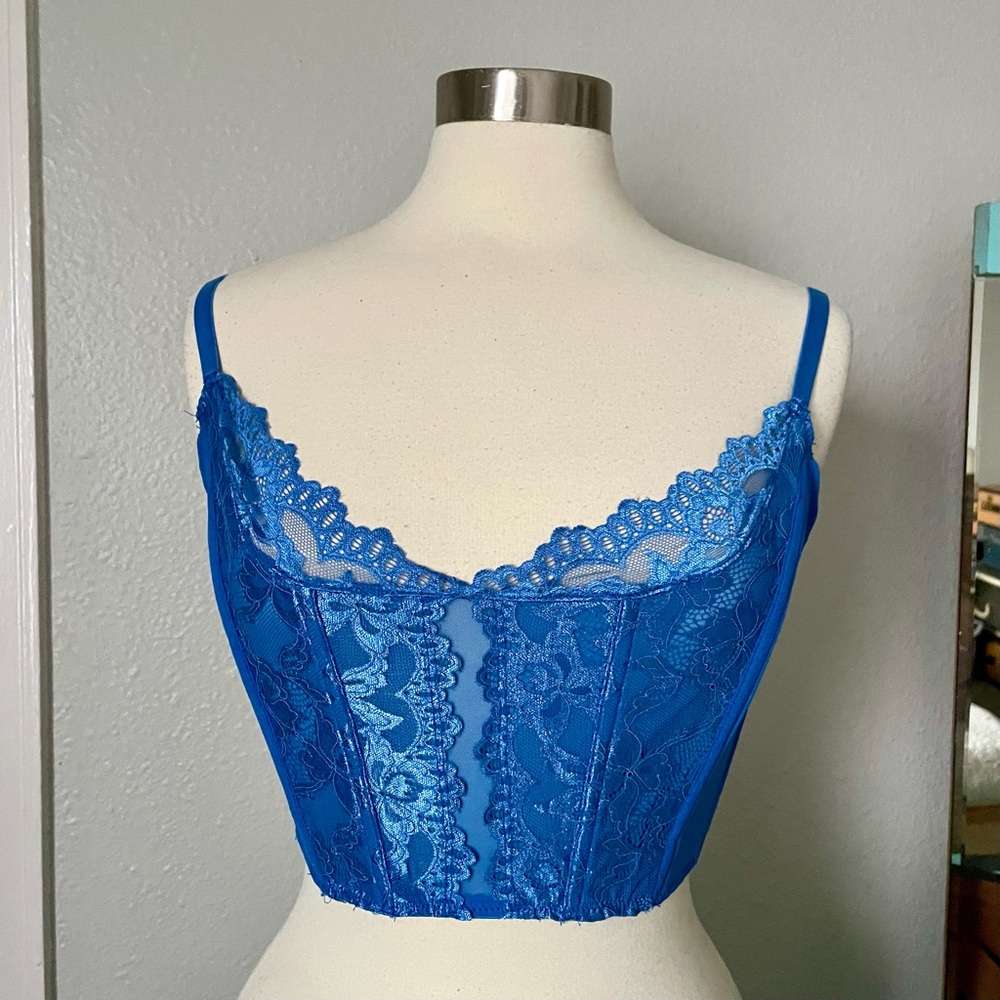 Escante Collection Bright Blue Lace Corset Bra with Boning Sheer Mesh Lace XL